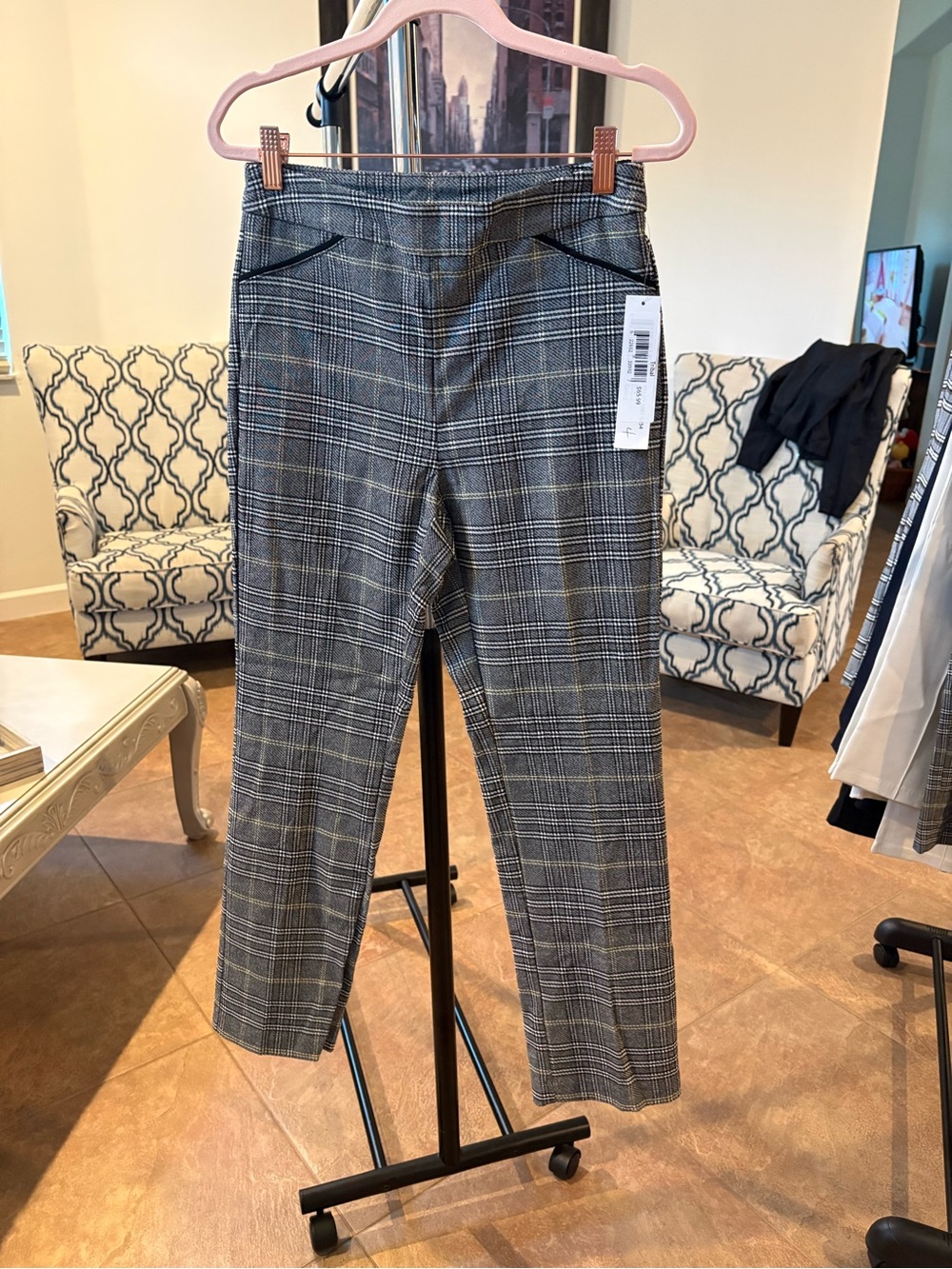 NWT Tribal Plaid Slim Ankle Pants Black Gray Career Work